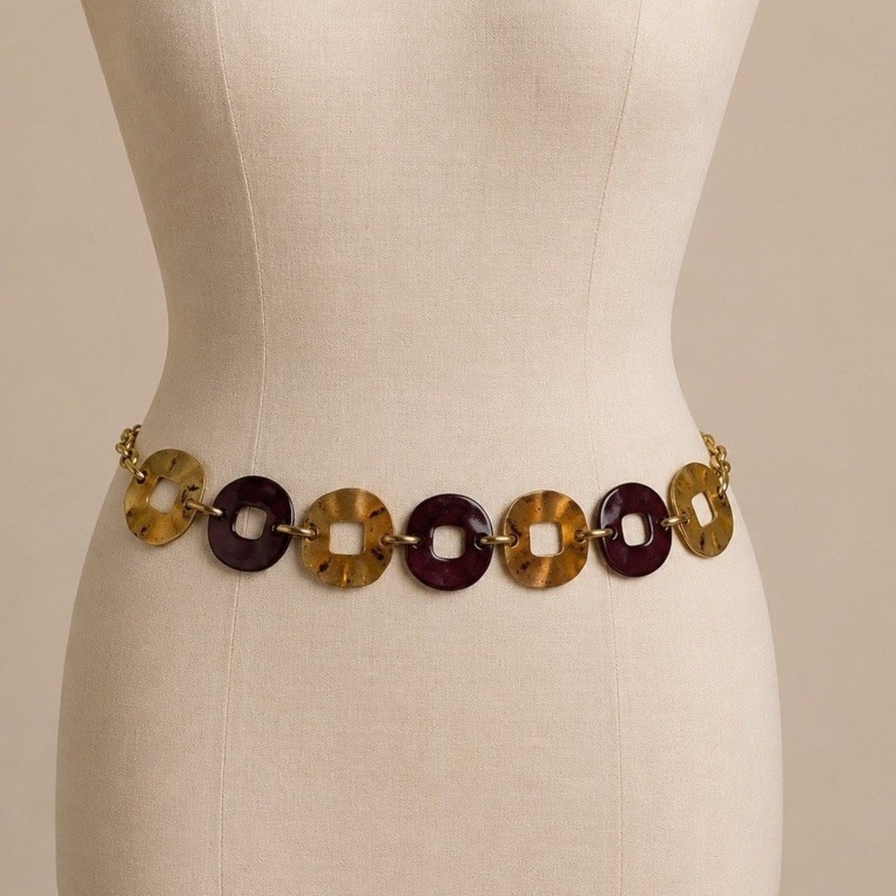 New York Studio Vintage Tortoise Shell Link Chain Belt Gold Tone Medallion Y2K
